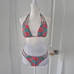 Women’s Pink & Teal Floral Halter Bikini Top and Bottom Set